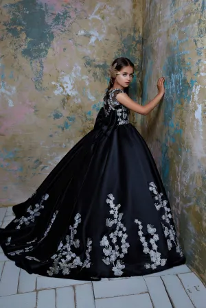 Gratia Black Flower Girl Dress with Gold Flowers