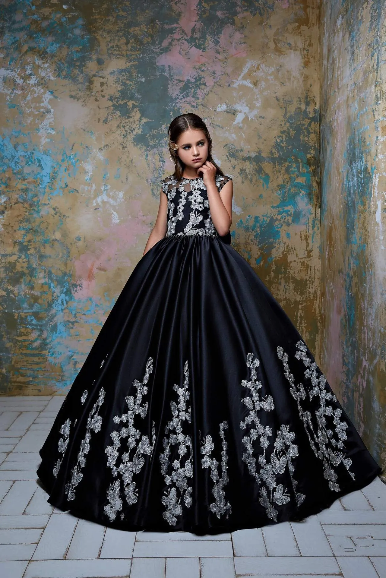 Gratia Black Flower Girl Dress with Gold Flowers