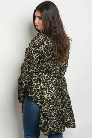 Gray Animal Print High Low Ruffled Plus Size Top
