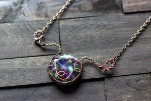 Green and Purple Fused Glass Statement Pendant with Copper Wire Wrapping