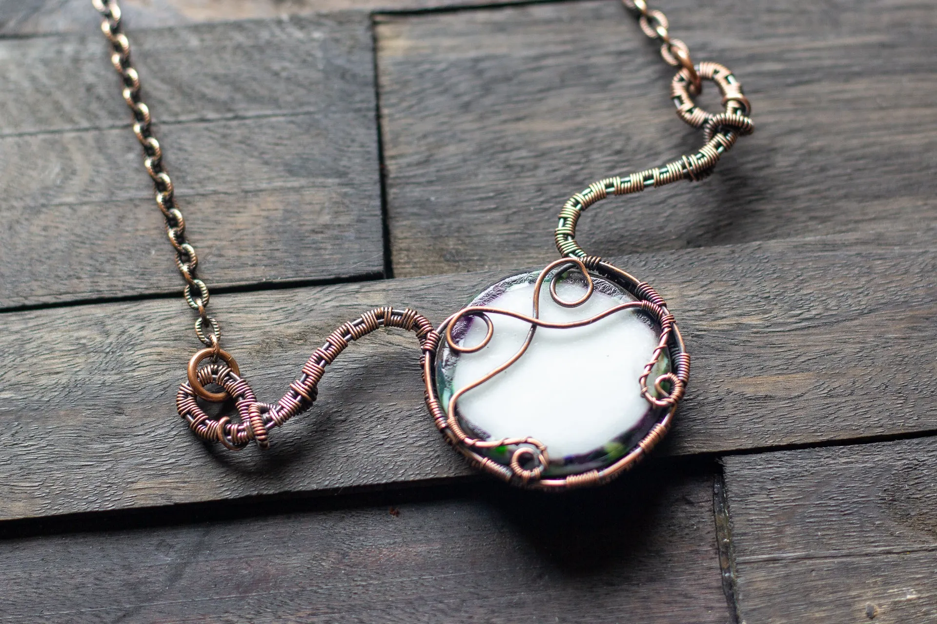 Green and Purple Fused Glass Statement Pendant with Copper Wire Wrapping