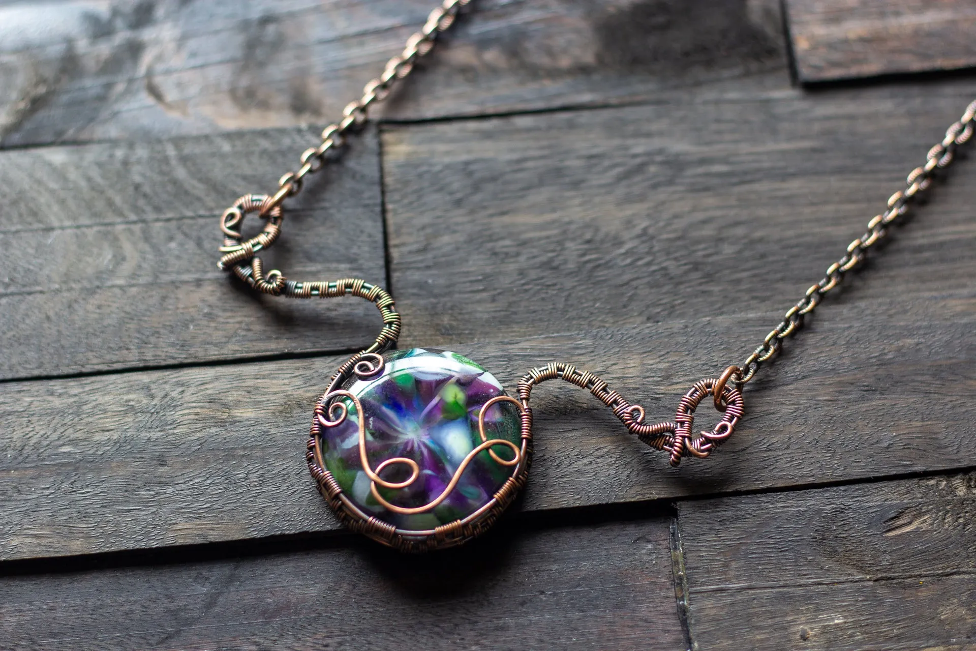 Green and Purple Fused Glass Statement Pendant with Copper Wire Wrapping