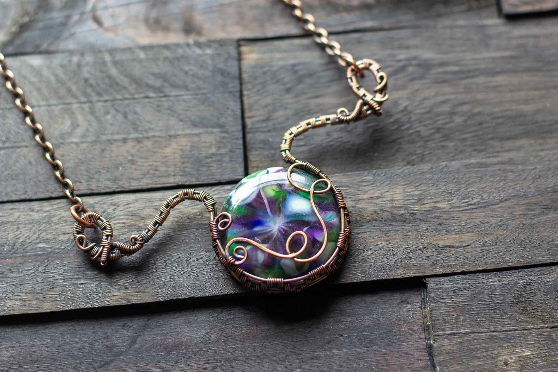 Green and Purple Fused Glass Statement Pendant with Copper Wire Wrapping
