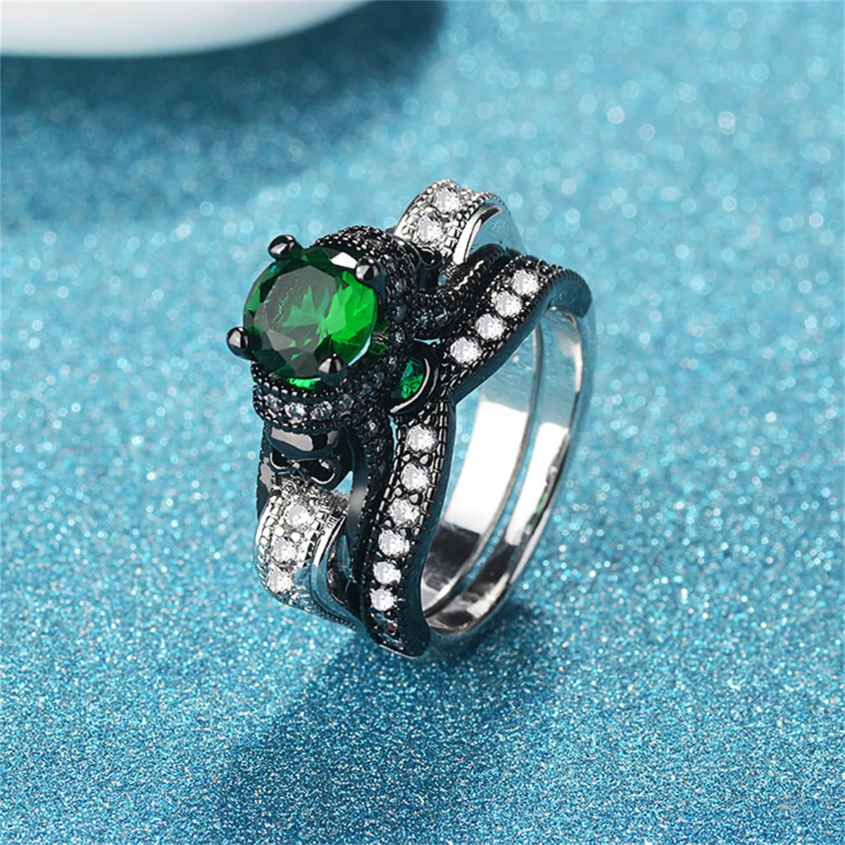 Green Crystal & Cubic Zirconia Two-Tone Skull Ring Set