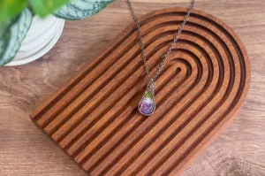Green, White, and Purple Fused Glass and Copper Wire Teardrop Pendant