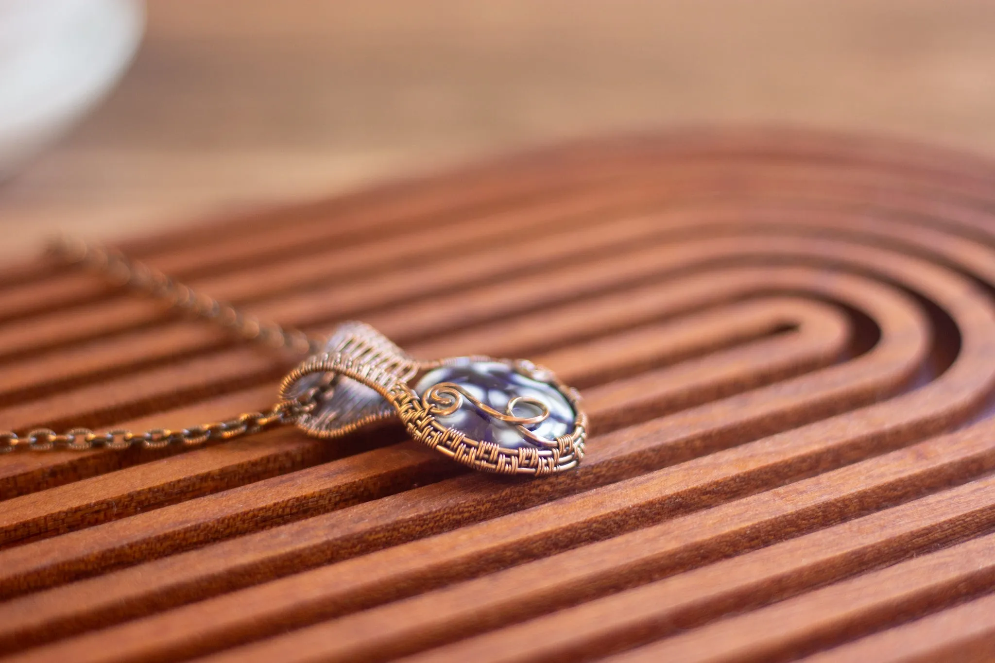 Grey, Blue, and White Fused Glass Pendant with Copper Wire Wrapping