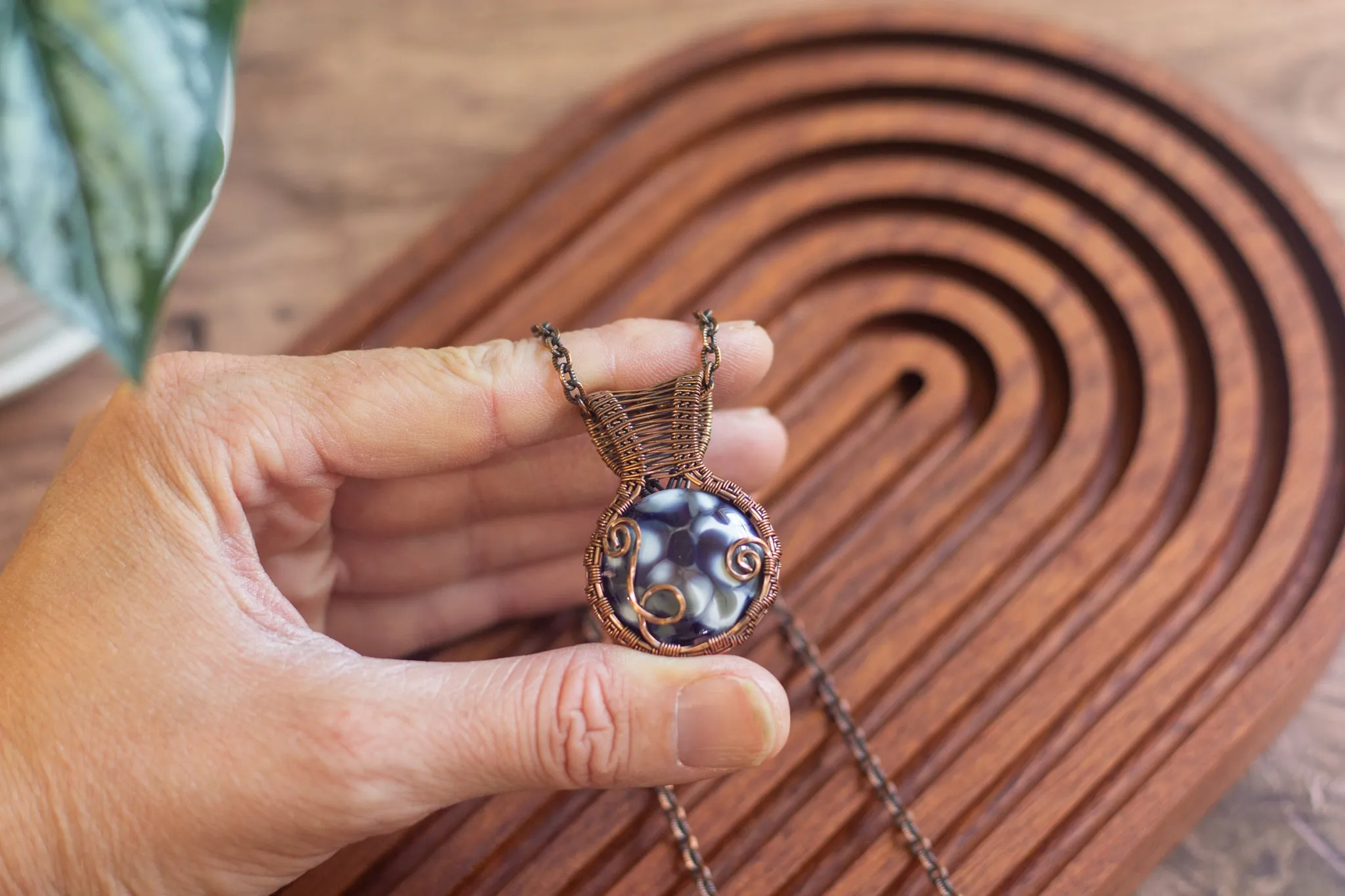 Grey, Blue, and White Fused Glass Pendant with Copper Wire Wrapping