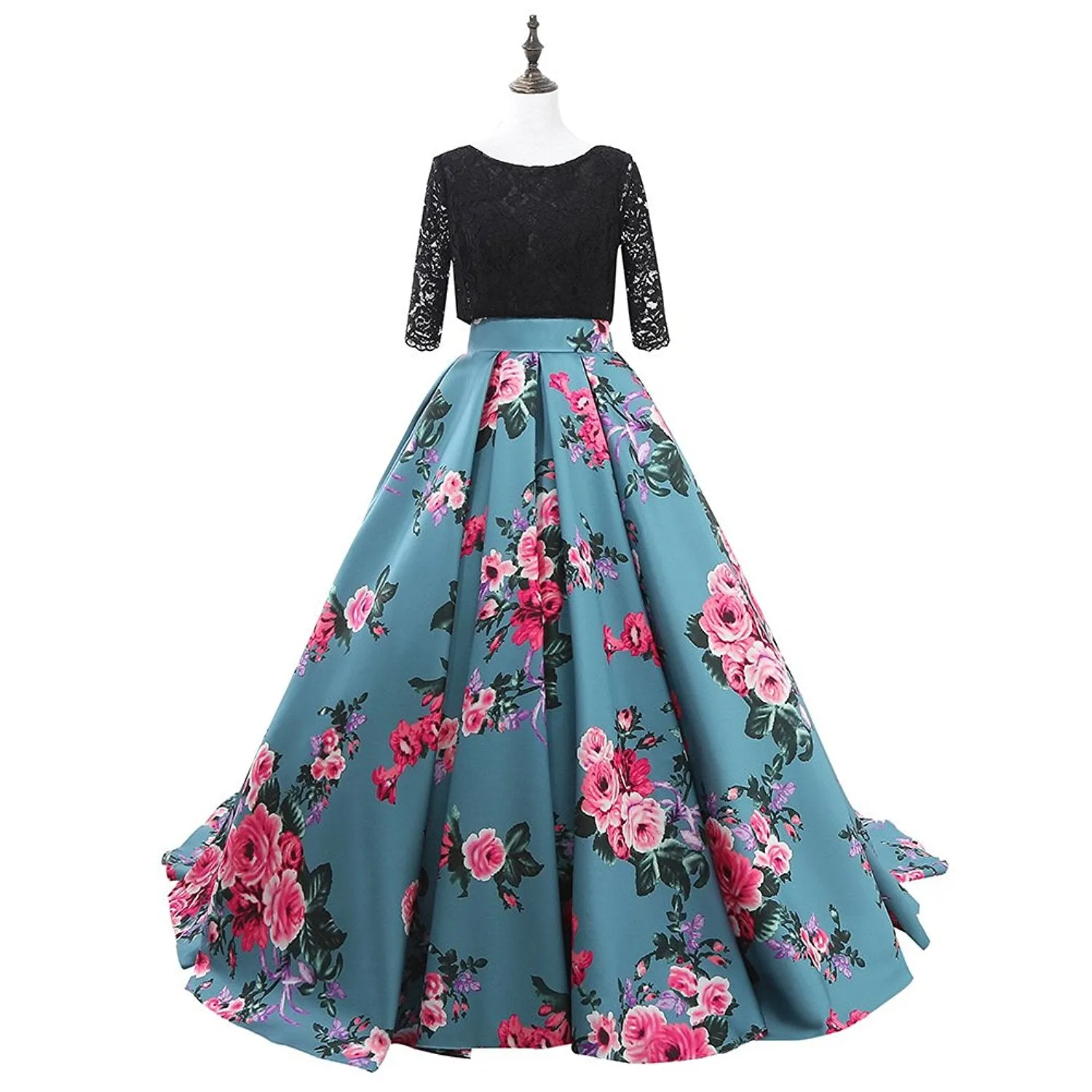Half Sleeve Lace Print Prom Dress