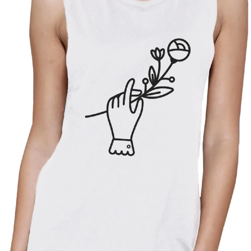 Hand Holding Flower Muscle Tank- White