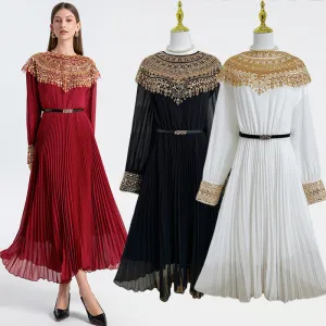 heavy industry embroidered beaded sequins shawl long sleeves waist thin temperament pleated dress women's dress long dress