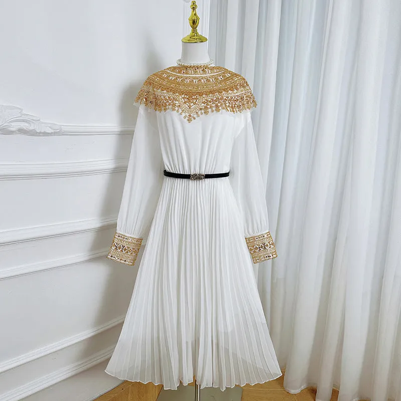 heavy industry embroidered beaded sequins shawl long sleeves waist thin temperament pleated dress women's dress long dress