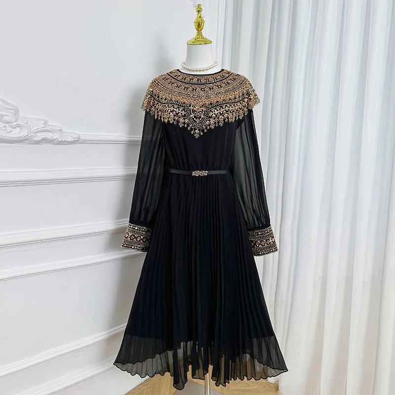heavy industry embroidered beaded sequins shawl long sleeves waist thin temperament pleated dress women's dress long dress