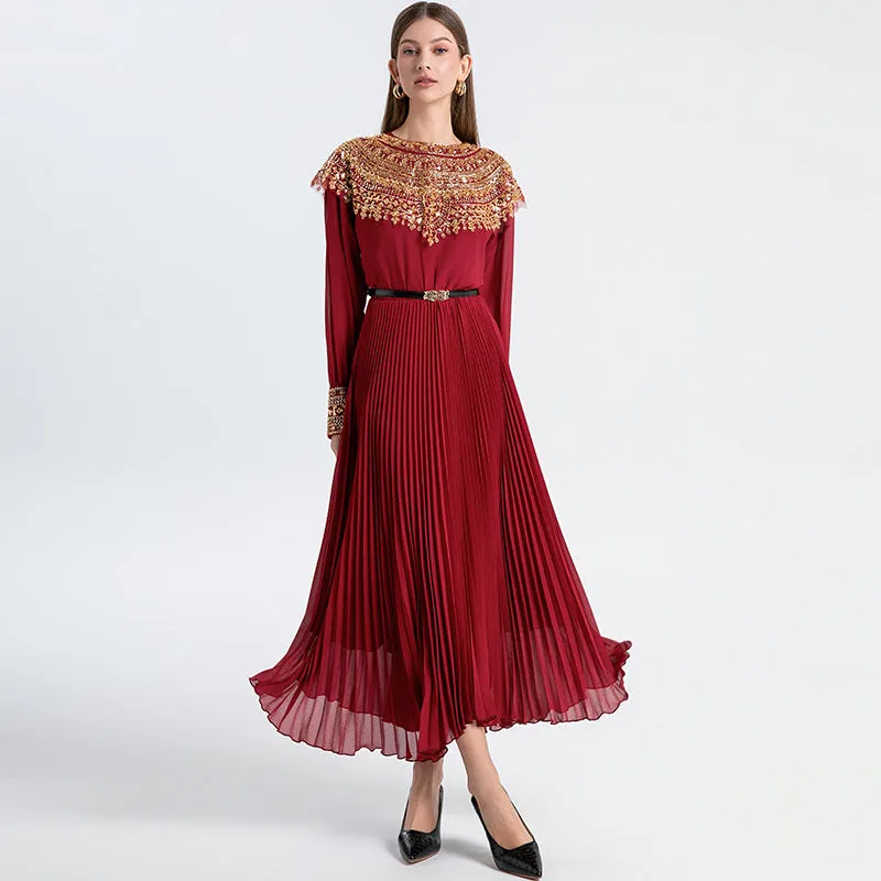 heavy industry embroidered beaded sequins shawl long sleeves waist thin temperament pleated dress women's dress long dress