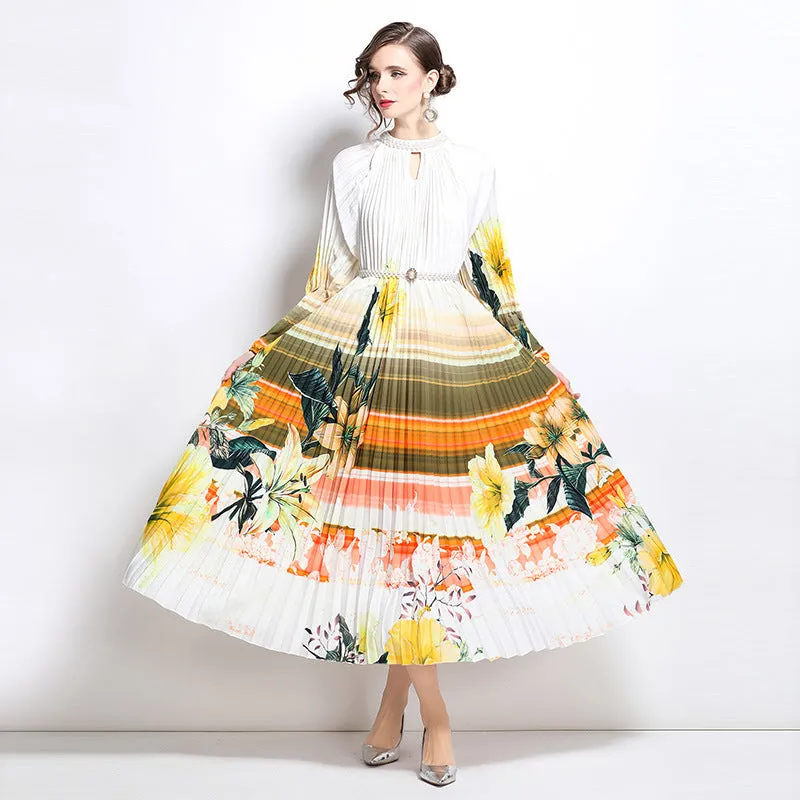 high-end elegant dress women's fashion beaded round neck hollow pleated lantern sleeve waist printed long dress
