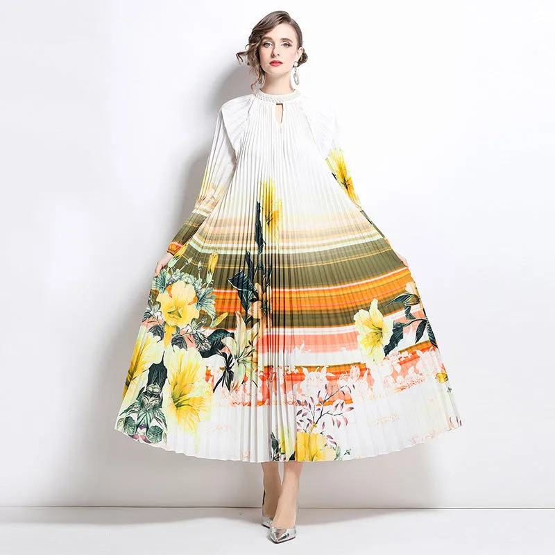 high-end elegant dress women's fashion beaded round neck hollow pleated lantern sleeve waist printed long dress