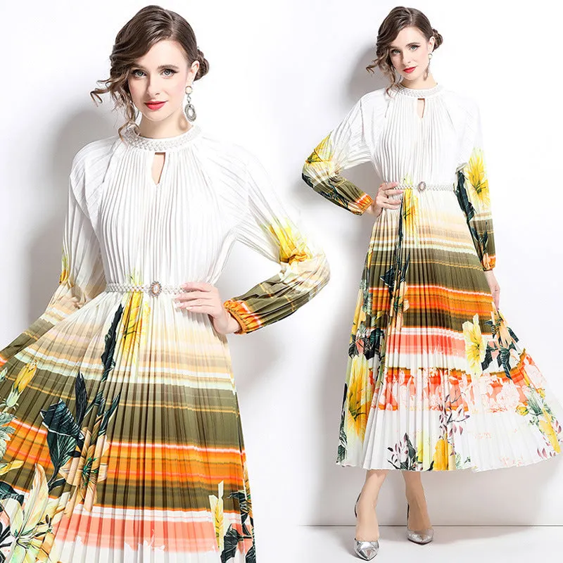 high-end elegant dress women's fashion beaded round neck hollow pleated lantern sleeve waist printed long dress