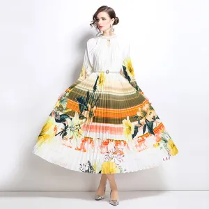 high-end elegant dress women's fashion beaded round neck hollow pleated lantern sleeve waist printed long dress