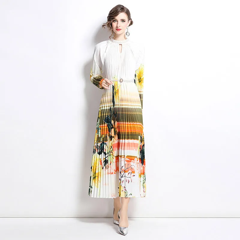 high-end elegant dress women's fashion beaded round neck hollow pleated lantern sleeve waist printed long dress
