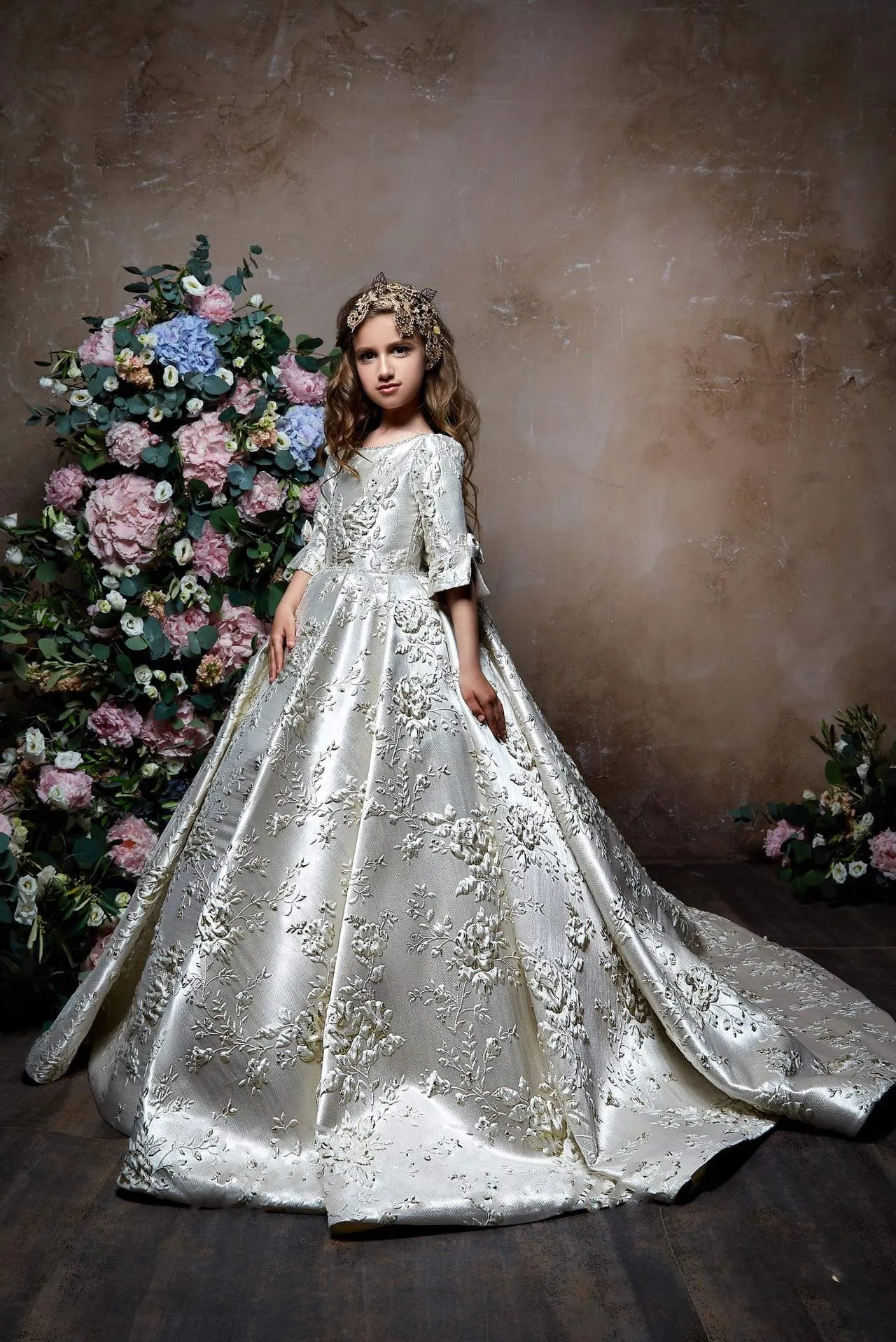 Junior Bridesmaid Floral Brocade Half Sleeve Dress
