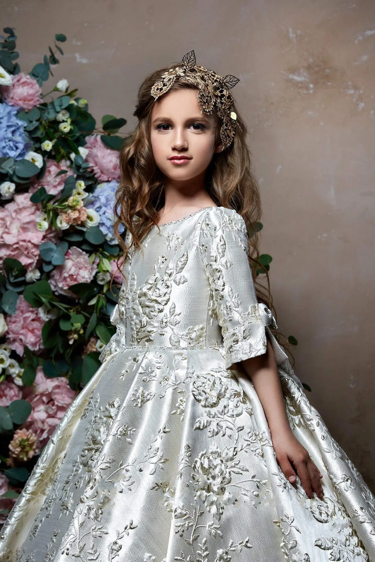 Junior Bridesmaid Floral Brocade Half Sleeve Dress