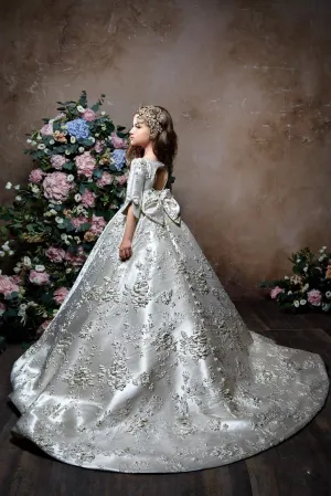 Junior Bridesmaid Floral Brocade Half Sleeve Dress