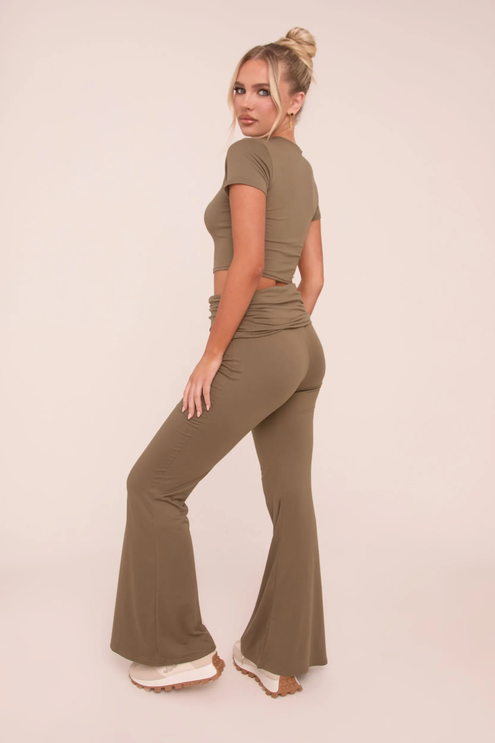 Khaki Round Neck Cropped Top & Flared Leg Trousers Co-ord - Charlett