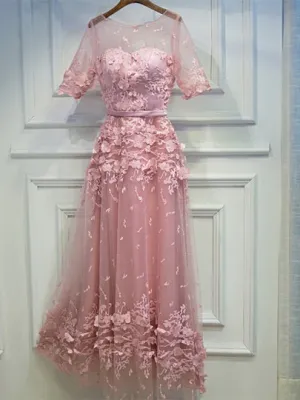 Lace Half Sleeves Sashes Evening Dress