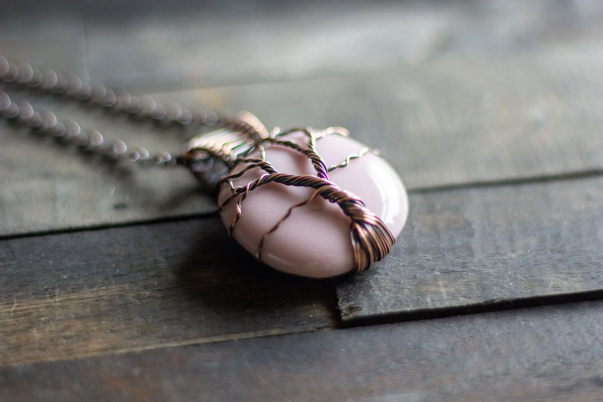 Lavender Fused Glass and Copper Wire Wrapped Tree of Life Pendant