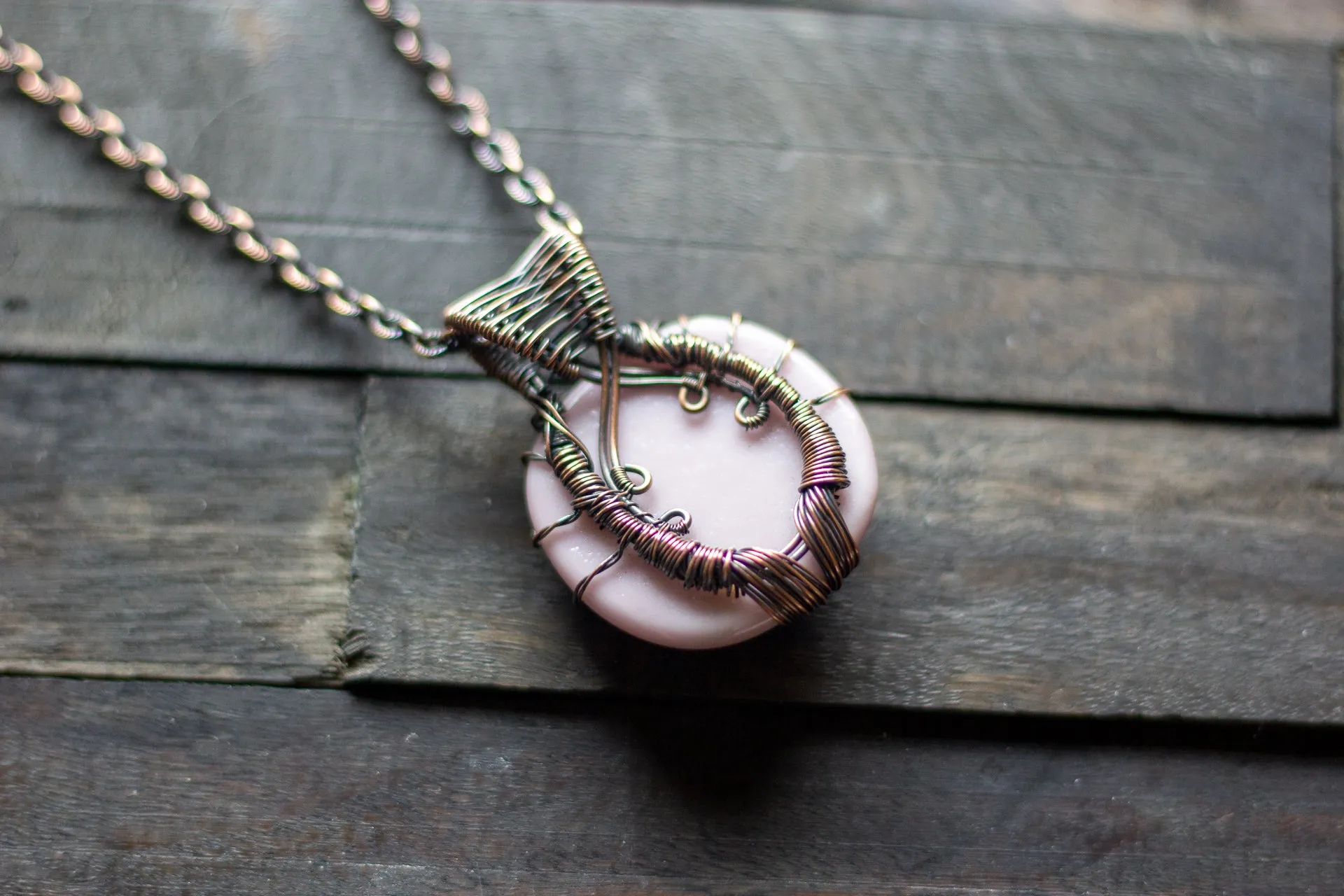 Lavender Fused Glass and Copper Wire Wrapped Tree of Life Pendant