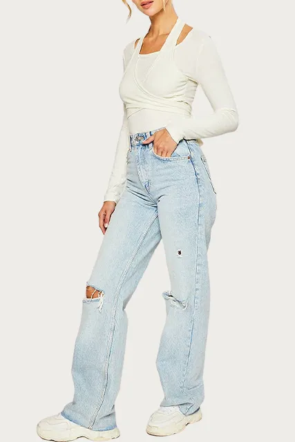 LAYERED HALTERNECK RIBBED-KNIT TOP