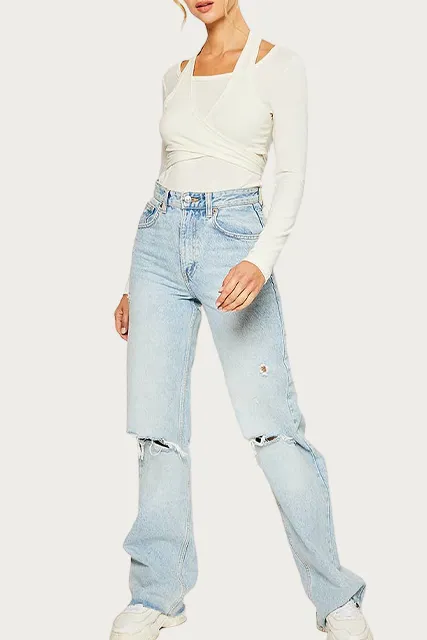 LAYERED HALTERNECK RIBBED-KNIT TOP