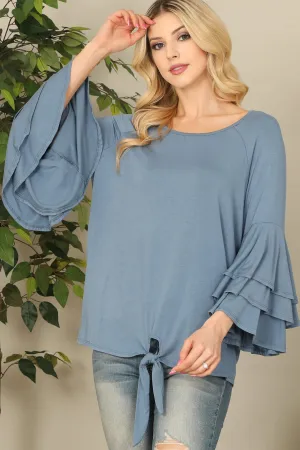 Layered Ruffle Bell Sleeve Knot Hem Solid Top