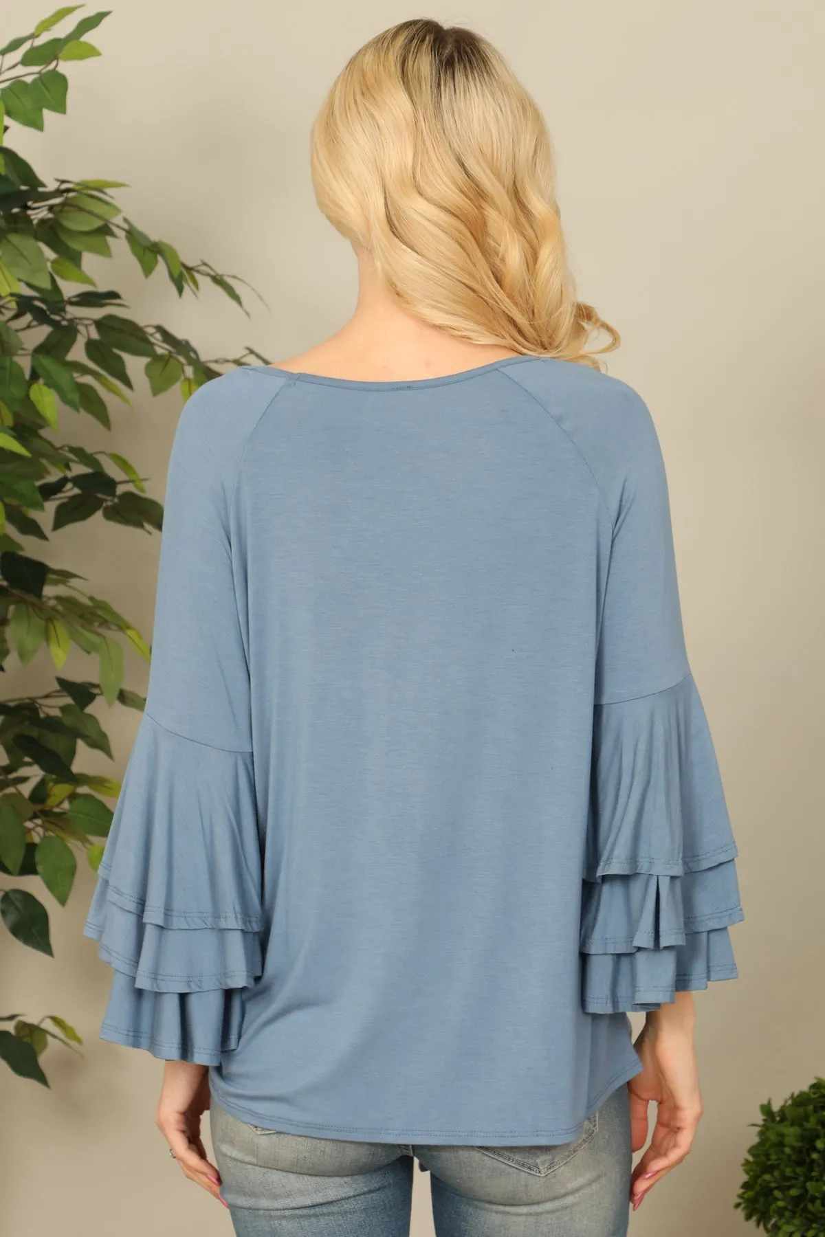 Layered Ruffle Bell Sleeve Knot Hem Solid Top