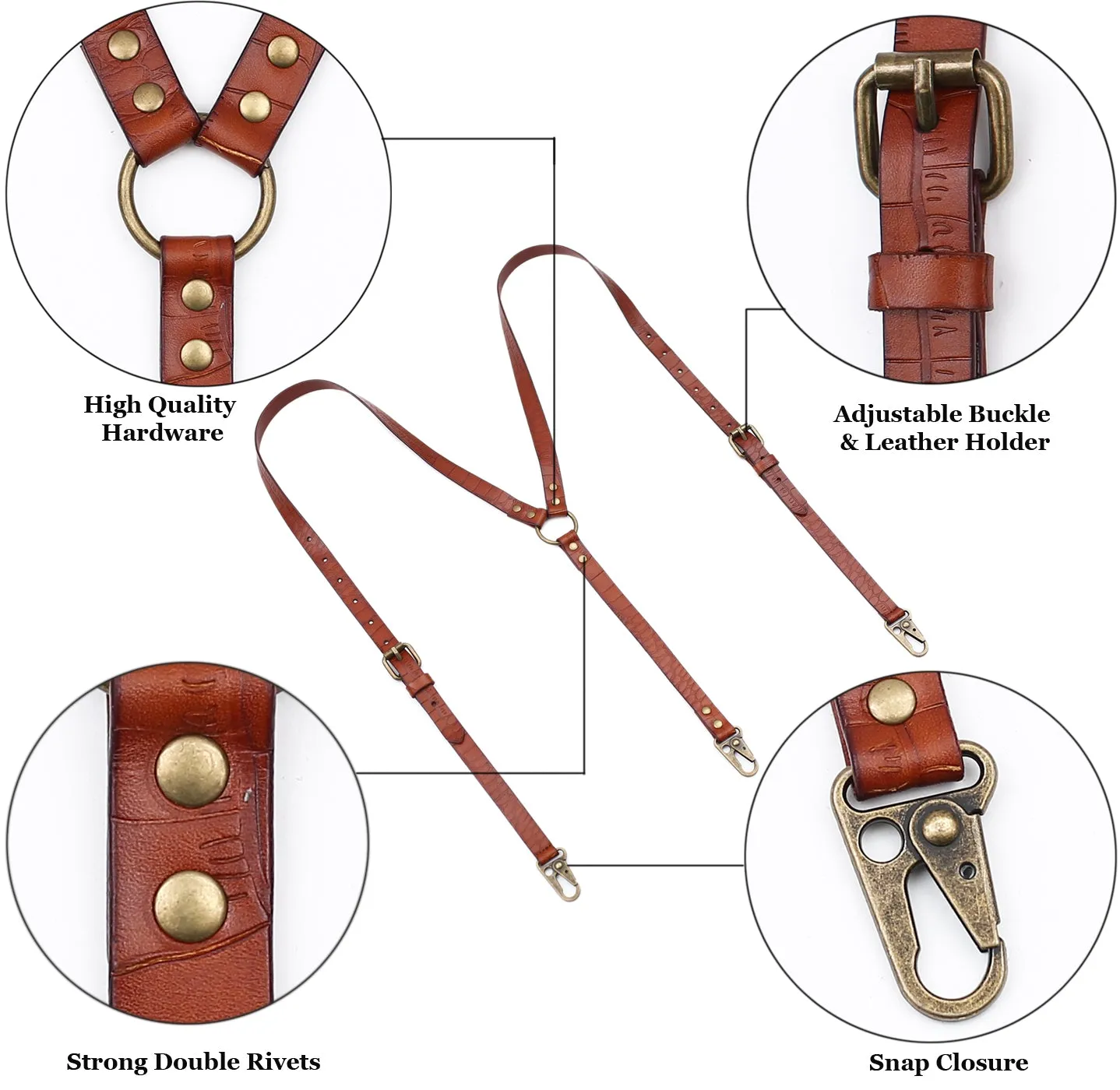 Leather Suspenders for Men Genuine Leather Y Back Adjustable Suspenders with Hooks Groomsmen Gift