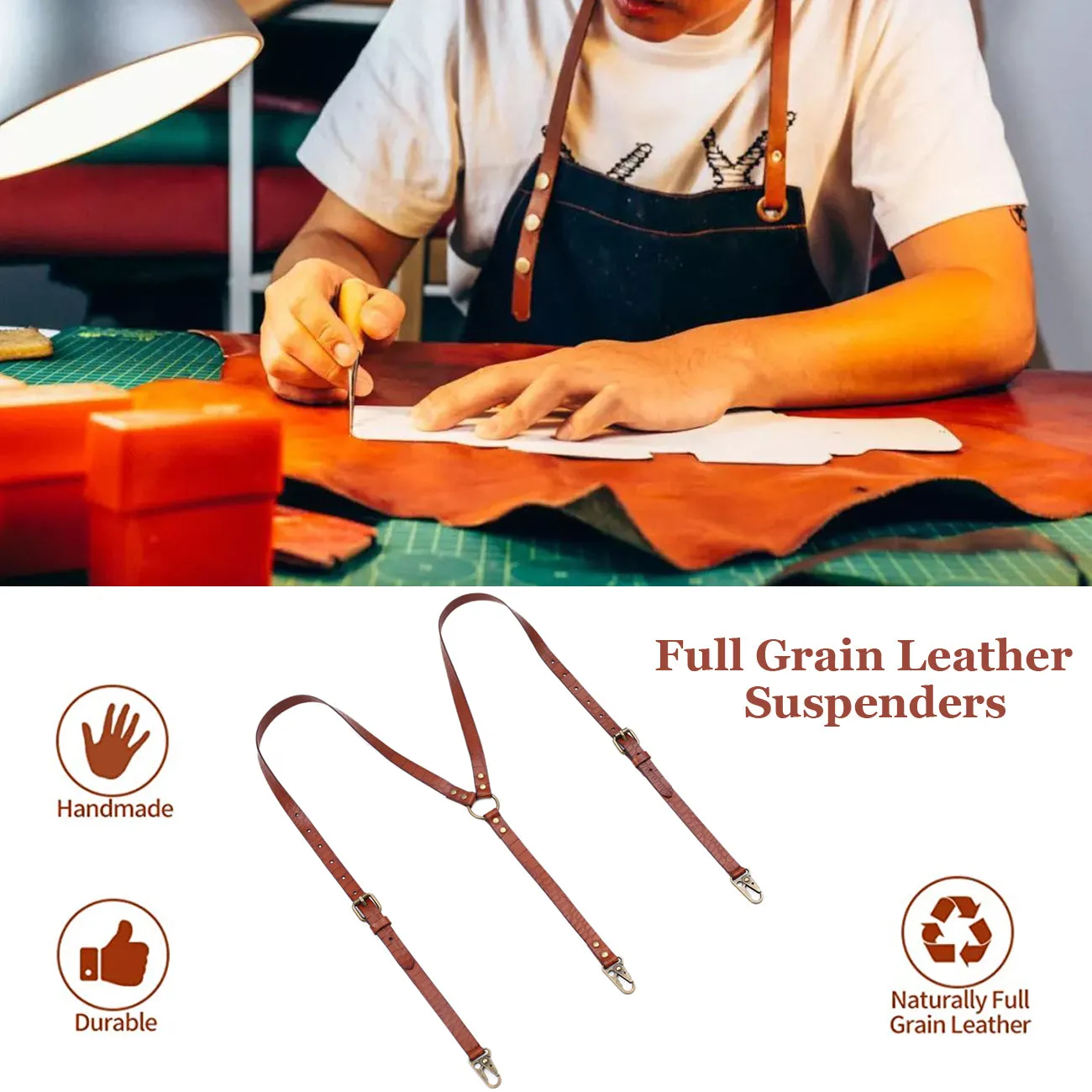 Leather Suspenders for Men Genuine Leather Y Back Adjustable Suspenders with Hooks Groomsmen Gift
