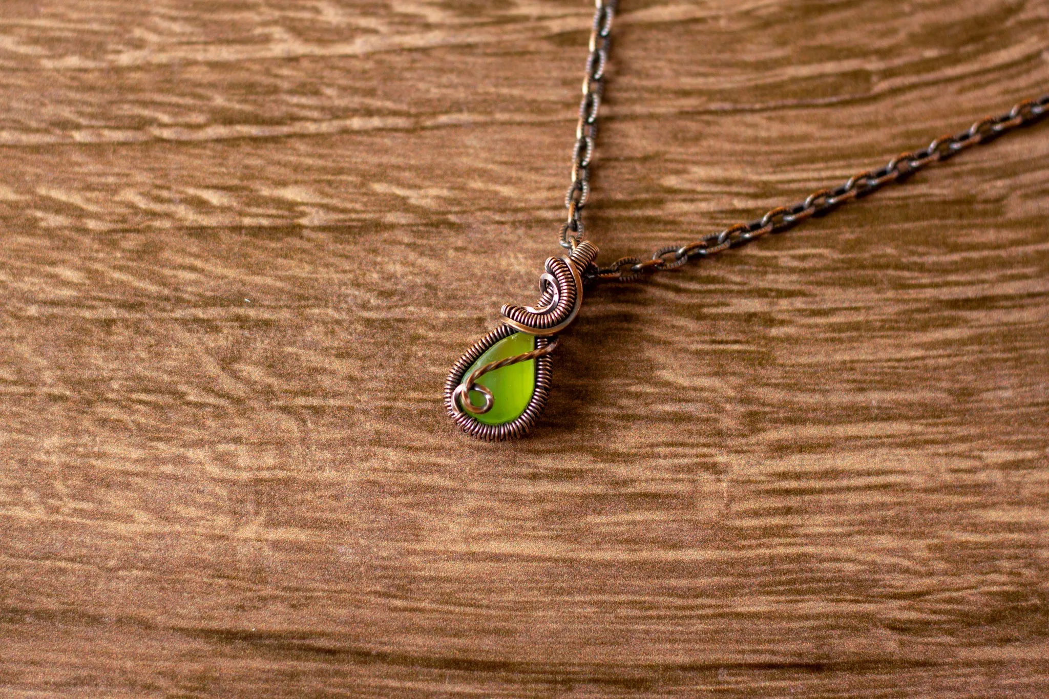 Light Green Fused Glass Teardrop Pendant with Copper Wire Wrapping