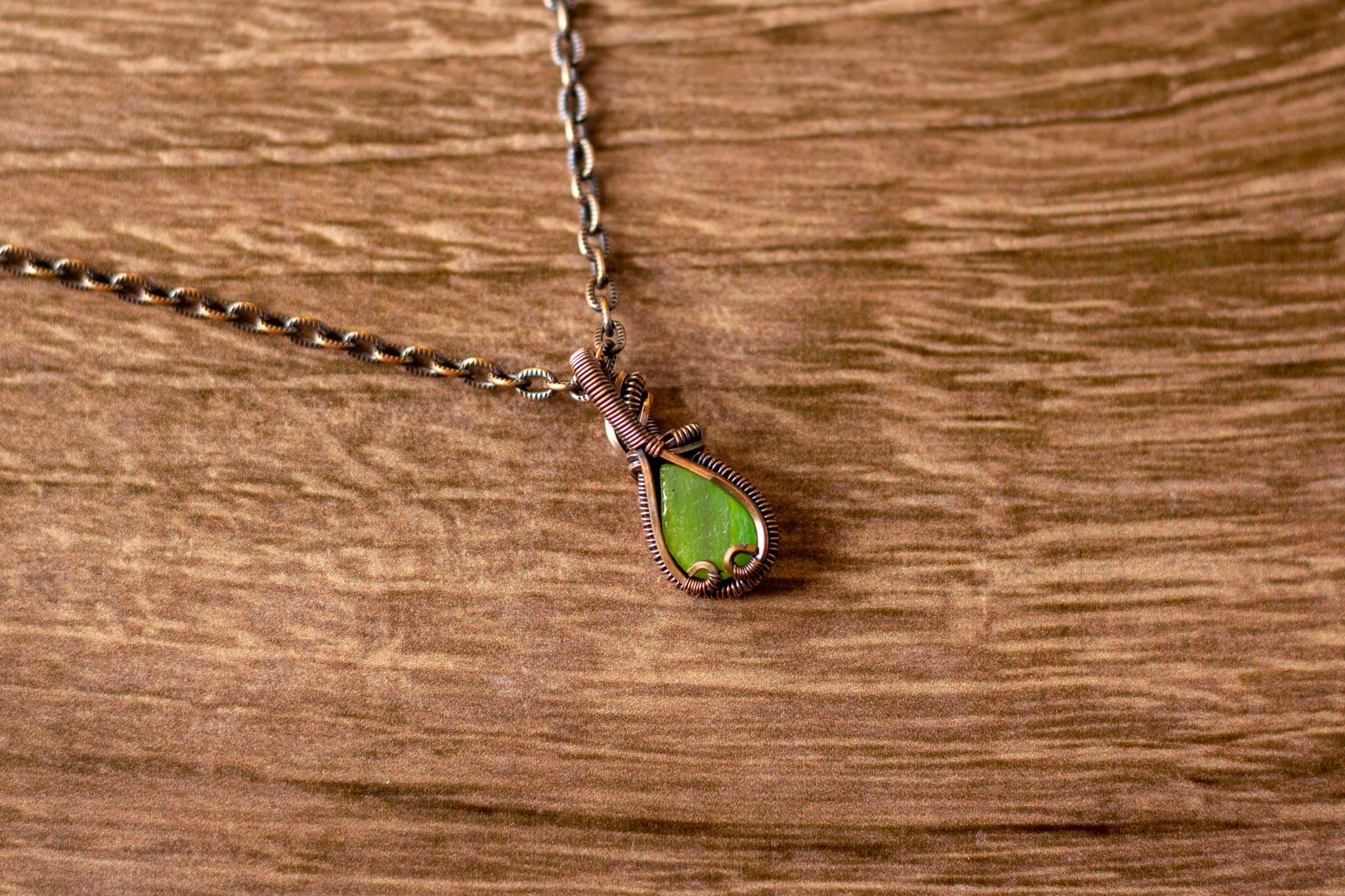 Light Green Fused Glass Teardrop Pendant with Copper Wire Wrapping