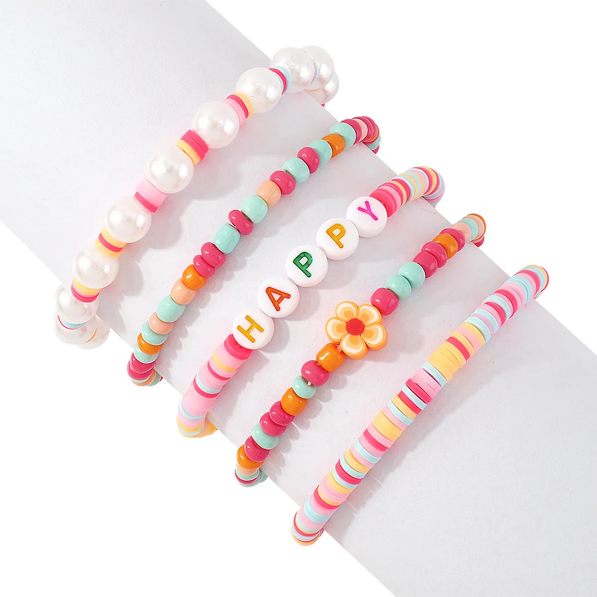 Light Pink Stripe Howlite 'Happy' Beaded Stretch Bracelet Set