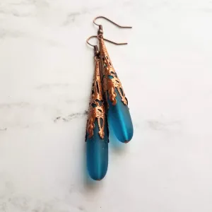 Long Copper Sea Glass Earrings - frosted elongated narrow teal blue teardrop in ornate lacy filigree oxidized antiqued thin cone wrap 3 inch