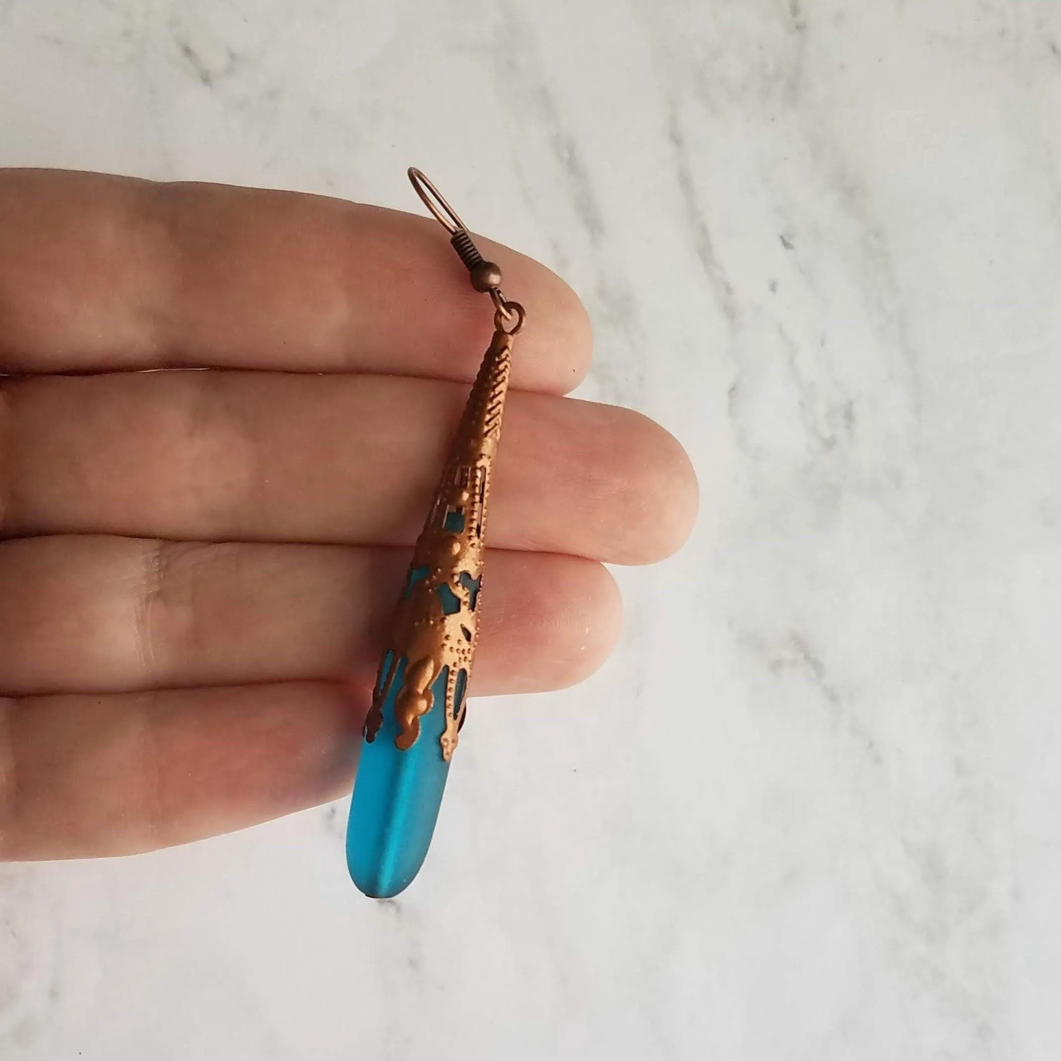 Long Copper Sea Glass Earrings - frosted elongated narrow teal blue teardrop in ornate lacy filigree oxidized antiqued thin cone wrap 3 inch