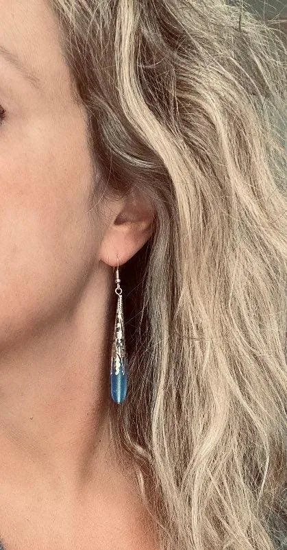 Long Copper Sea Glass Earrings - frosted elongated narrow teal blue teardrop in ornate lacy filigree oxidized antiqued thin cone wrap 3 inch