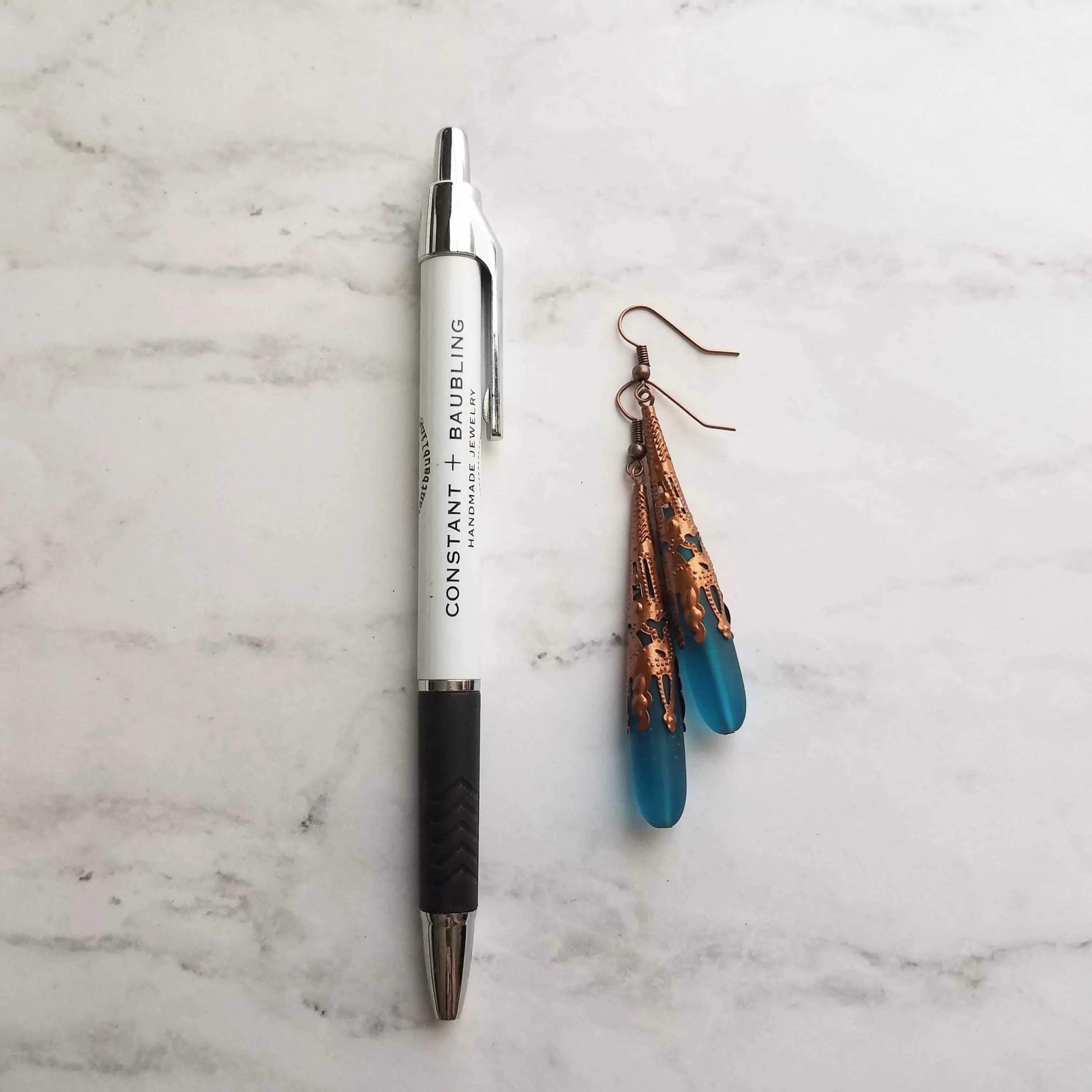 Long Copper Sea Glass Earrings - frosted elongated narrow teal blue teardrop in ornate lacy filigree oxidized antiqued thin cone wrap 3 inch