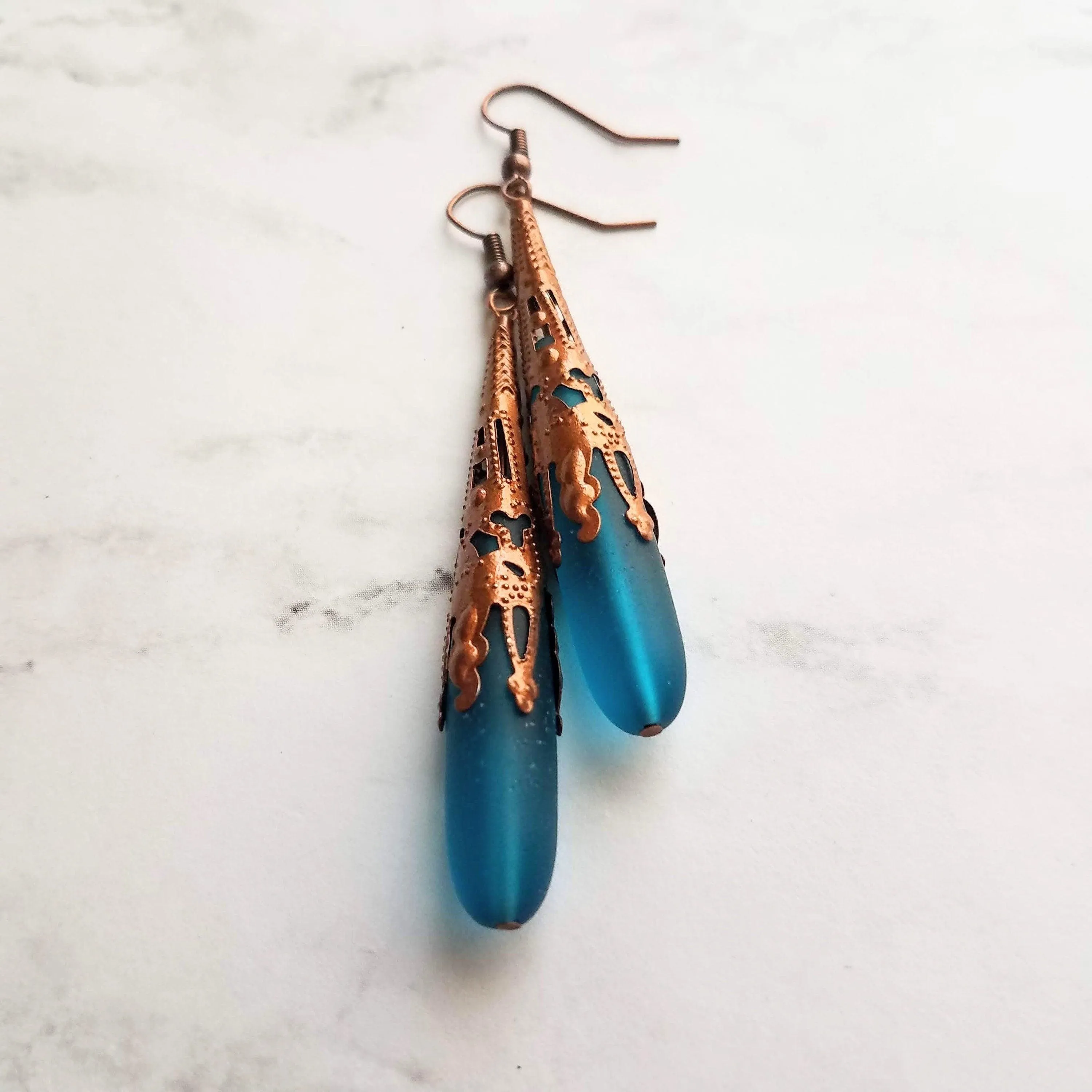 Long Copper Sea Glass Earrings - frosted elongated narrow teal blue teardrop in ornate lacy filigree oxidized antiqued thin cone wrap 3 inch