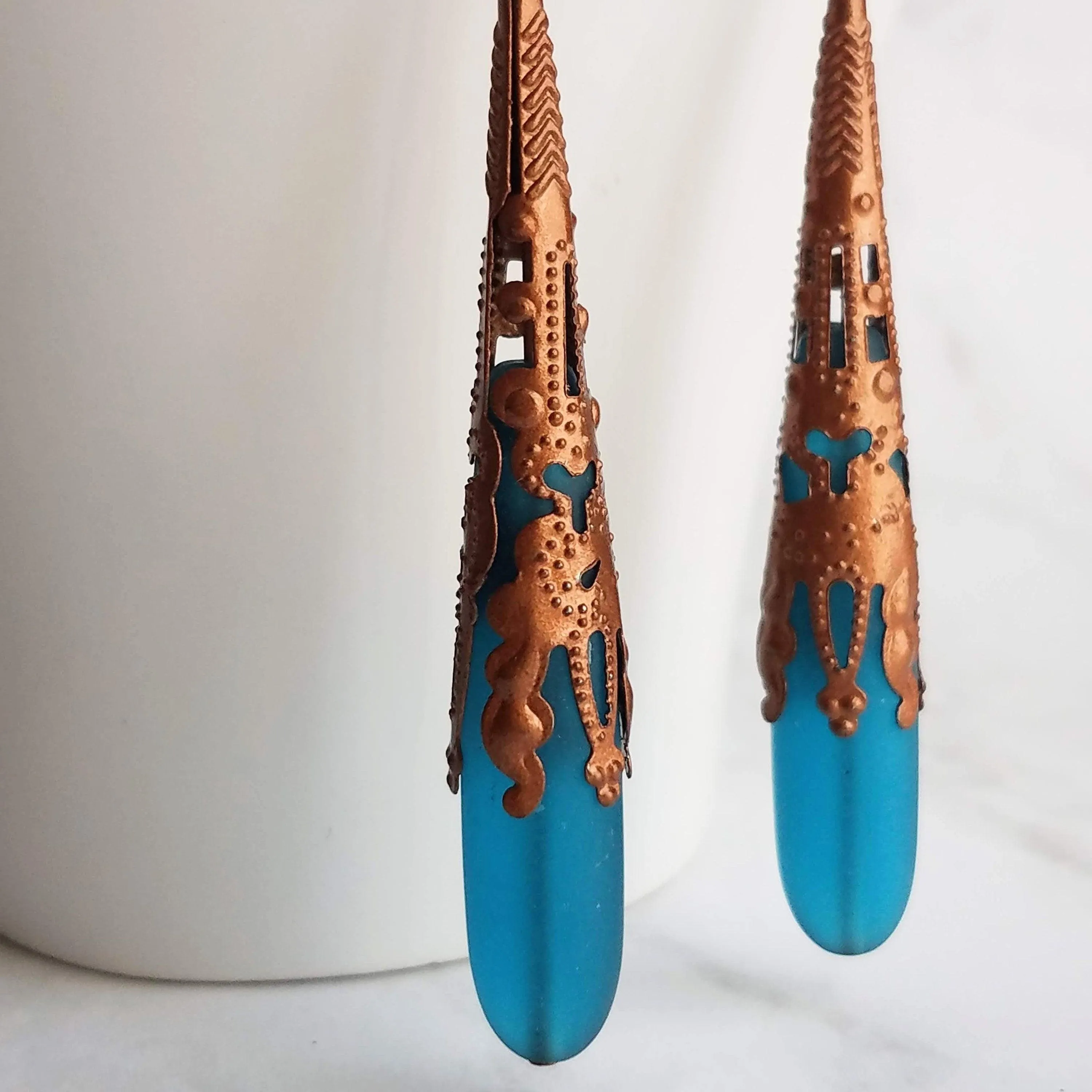 Long Copper Sea Glass Earrings - frosted elongated narrow teal blue teardrop in ornate lacy filigree oxidized antiqued thin cone wrap 3 inch