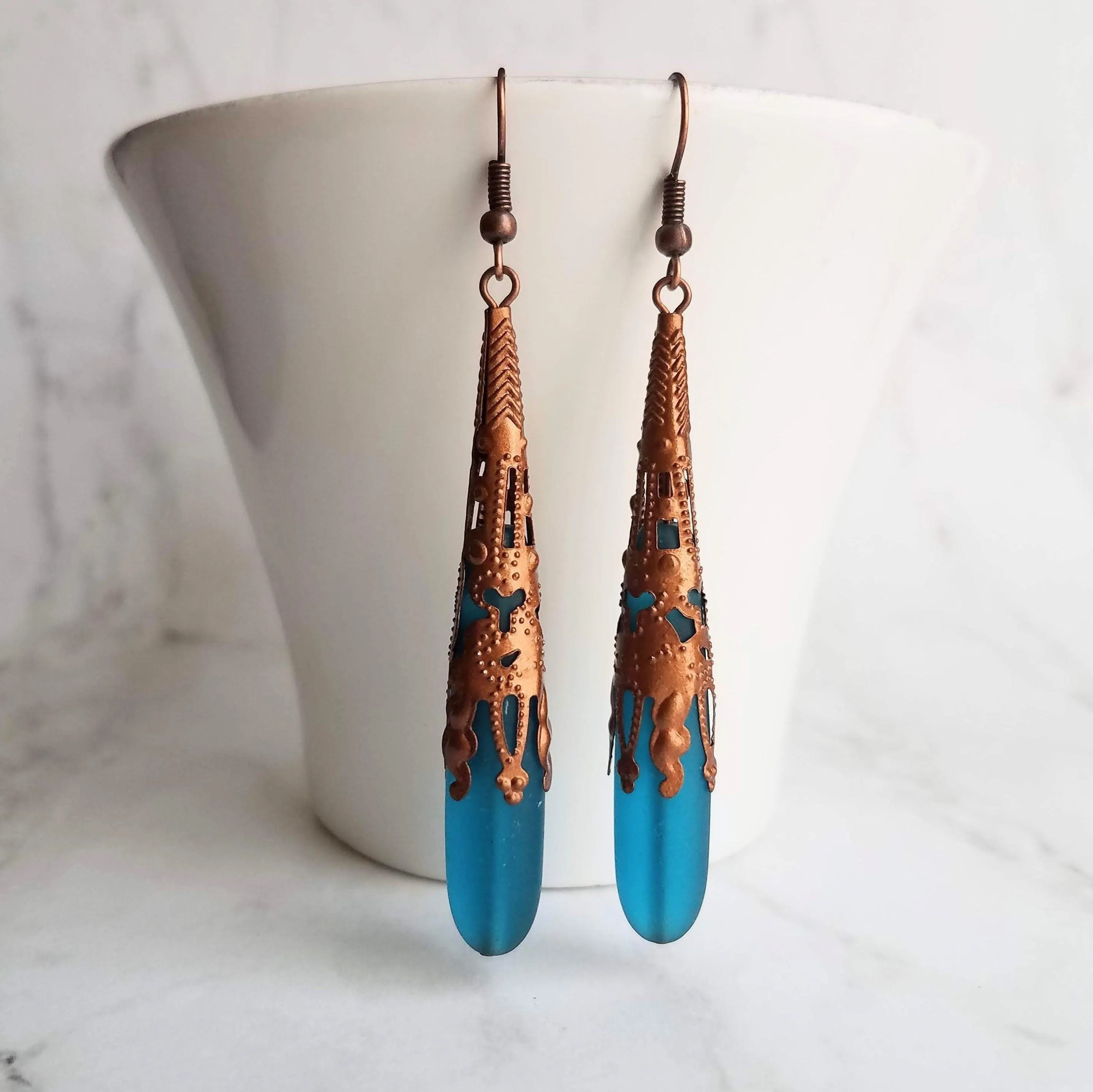 Long Copper Sea Glass Earrings - frosted elongated narrow teal blue teardrop in ornate lacy filigree oxidized antiqued thin cone wrap 3 inch