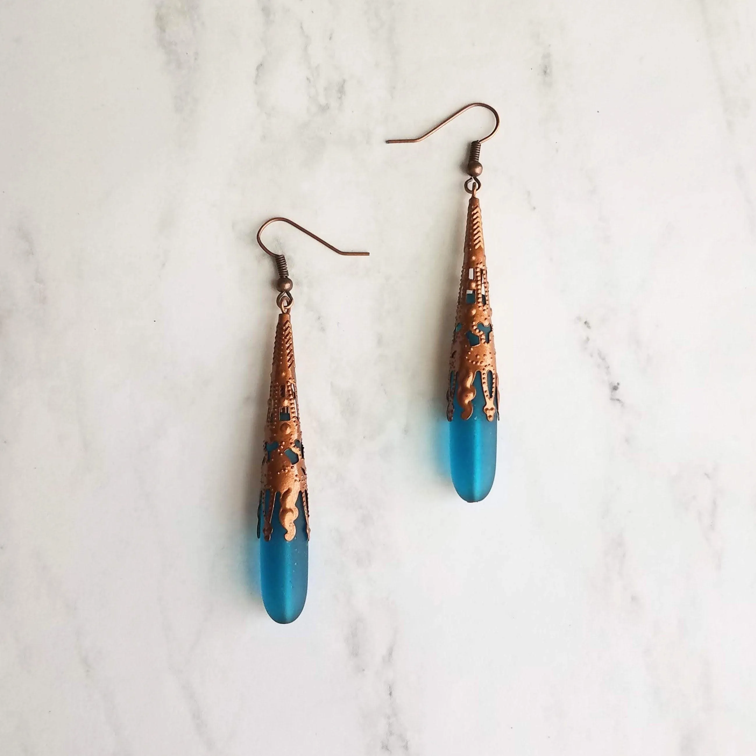Long Copper Sea Glass Earrings - frosted elongated narrow teal blue teardrop in ornate lacy filigree oxidized antiqued thin cone wrap 3 inch