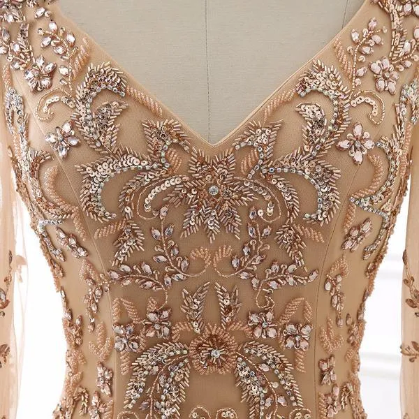 Long Sleeves Gold Evening Dress