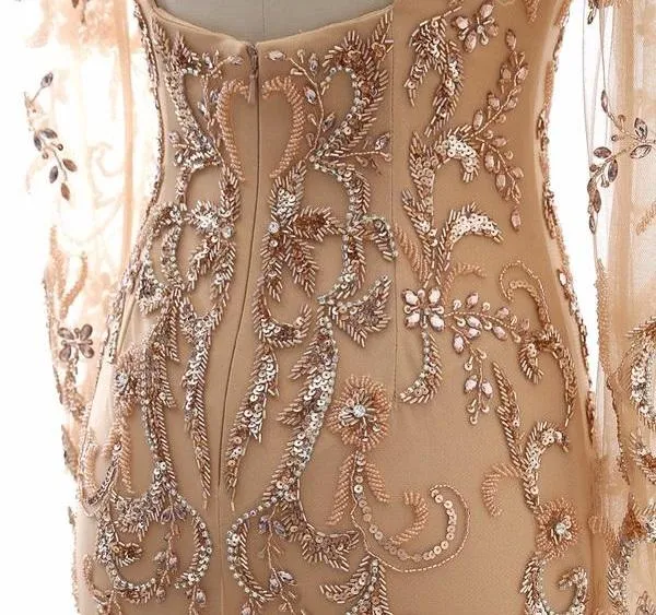 Long Sleeves Gold Evening Dress