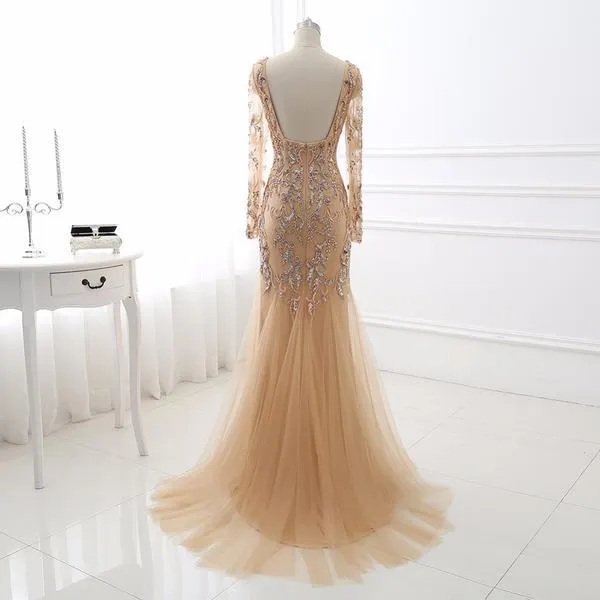 Long Sleeves Gold Evening Dress