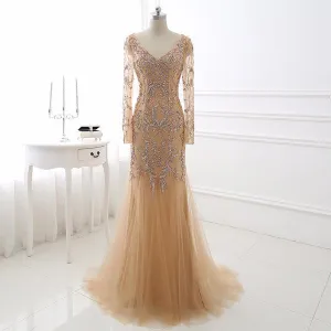 Long Sleeves Gold Evening Dress